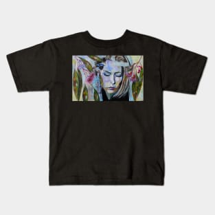 Breath of Fragility - Abstract Portrait and Bird Art Kids T-Shirt